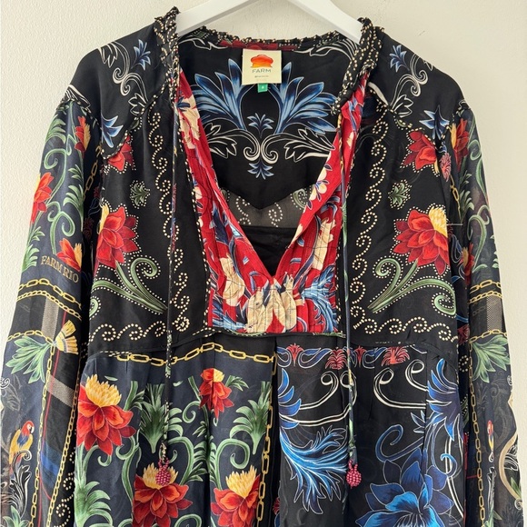 FARM RIO Black Mixed Arabesque Scarves Long Sleeve Mini Dress S - Picture 9 of 9